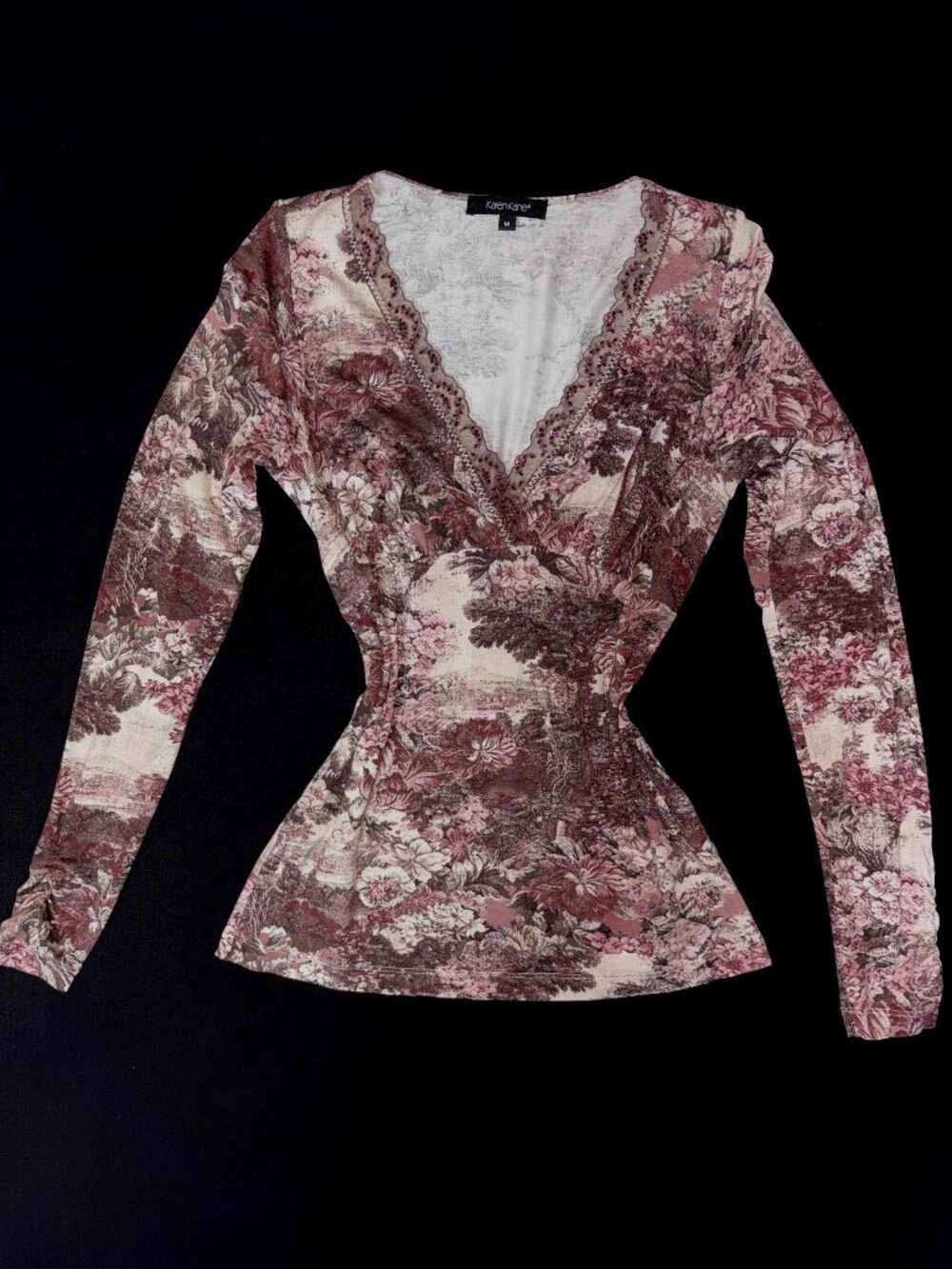 Y2K Beaded Floral Tapestry Karen Kane V-Neck Long Sleeve Top Size Medium
